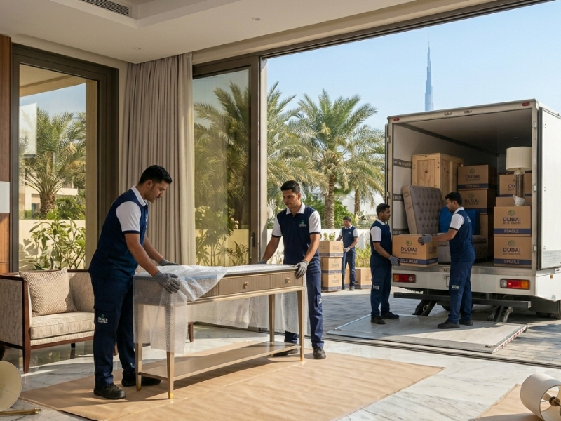 Villa movers in Dubai packing and loading furniture safely for relocation