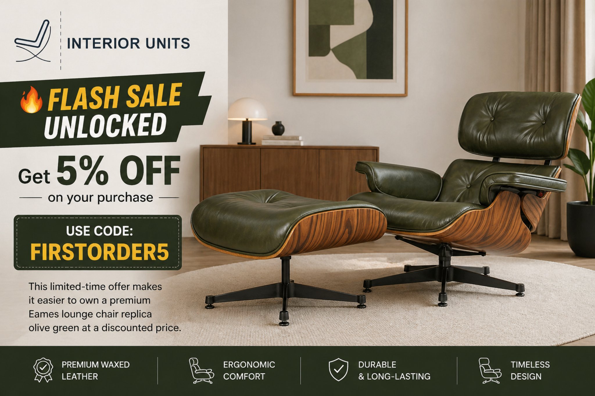 Charles Eames Deluxe Lounge Chair & Ottoman Olive Green : Premium Waxed Leather