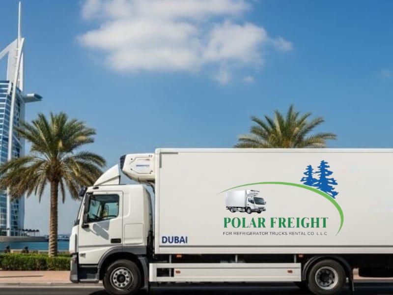 Polar Freights freezer truck transporting frozen products in Dubai.