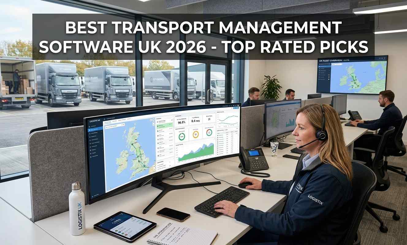 A professional logistics office in Britain showing team members using the Best Transport Management Software UK on wide monitors to track a fleet of delivery trucks.