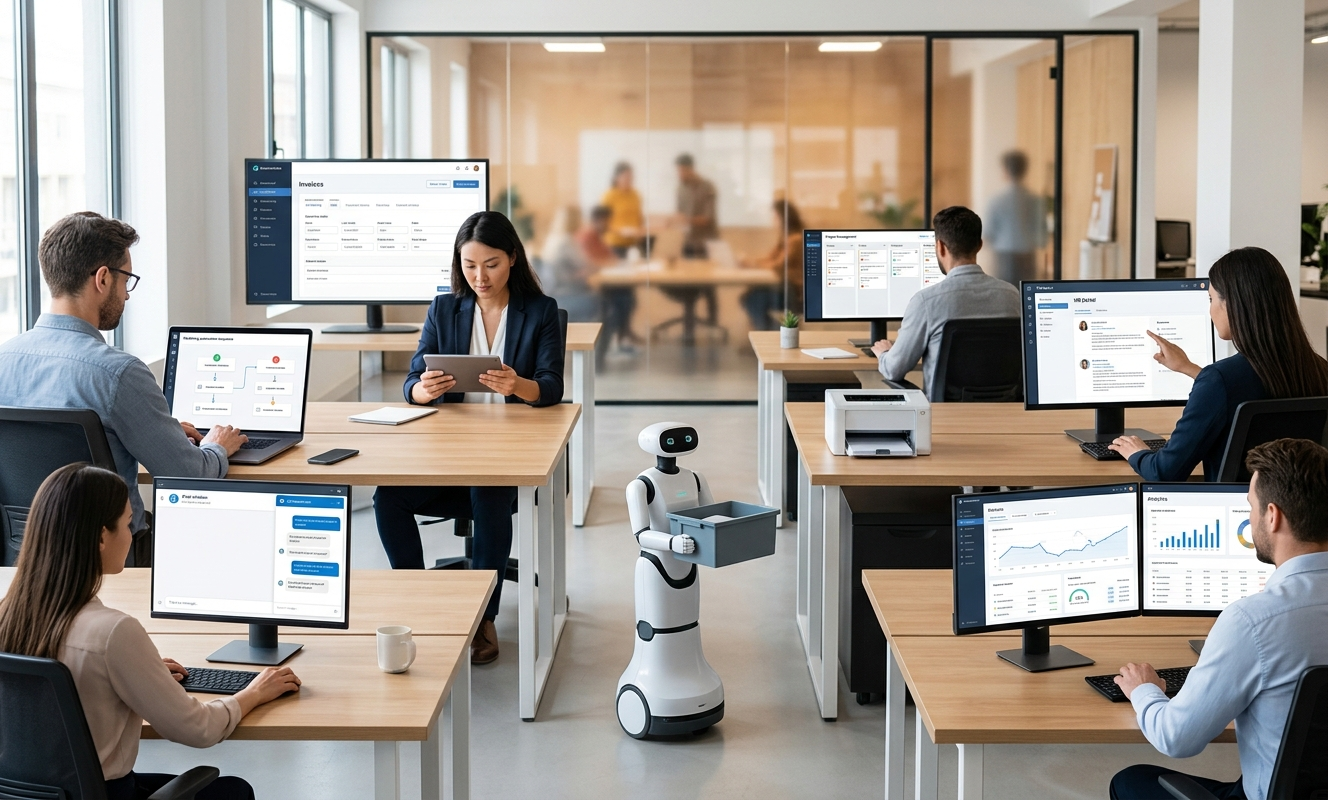 Business Process Automation key concepts are now embedded within the digital screens of this office scene, while the overall image remains unchanged.