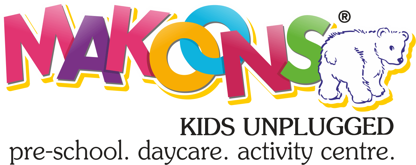 Makoons Kids Unplugged preschool logo with cartoon bear.