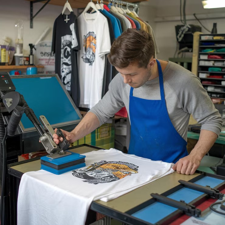A guy is printing on t shirt