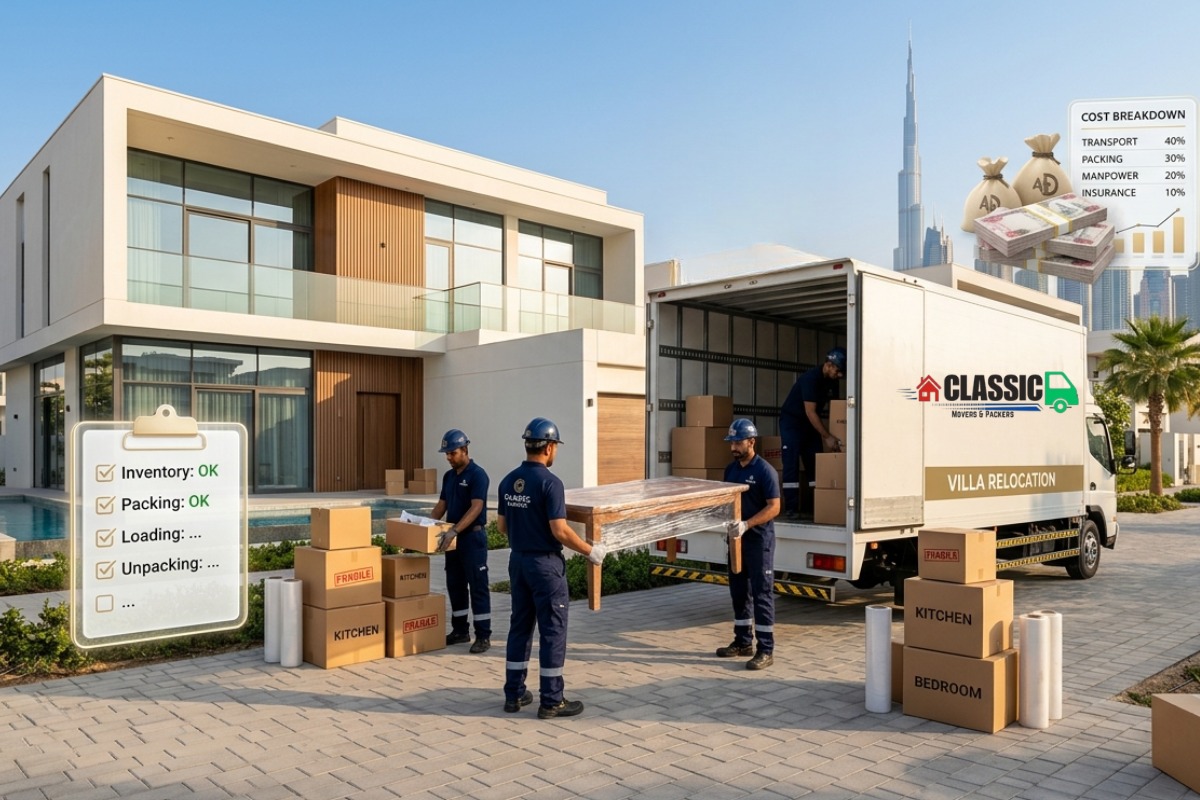 Classic Movers truck and moving crew carrying boxes during a villa relocation in Business Bay Dubai with Burj Khalifa in the background.