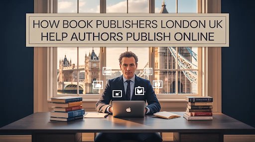 A book publishing executive working on his laptop with the London bridge in the background.