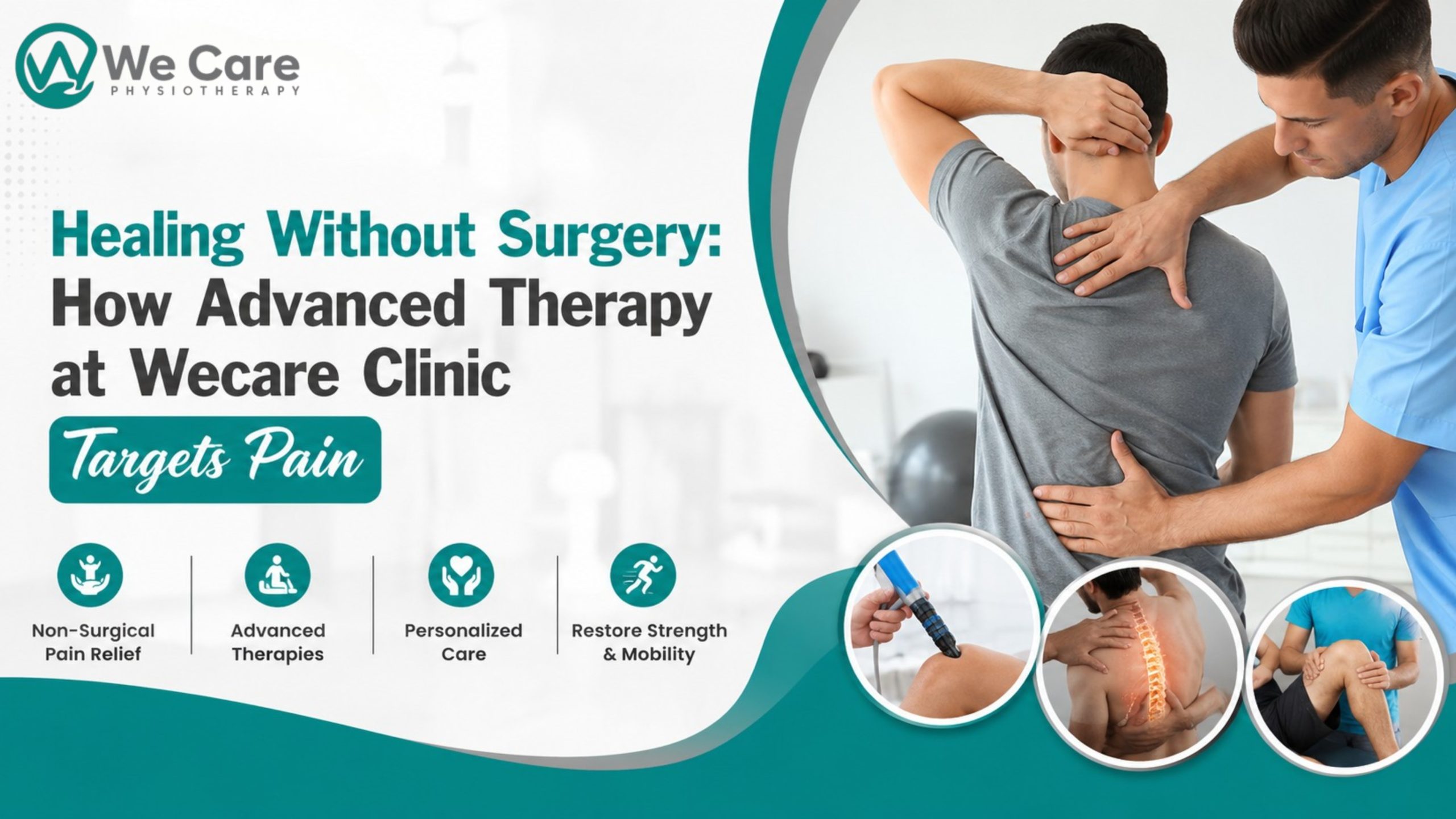 Advanced physiotherapy treatment at Wecare Clinic showing a physiotherapist providing non-surgical pain relief therapy to a patient with back and neck pain.