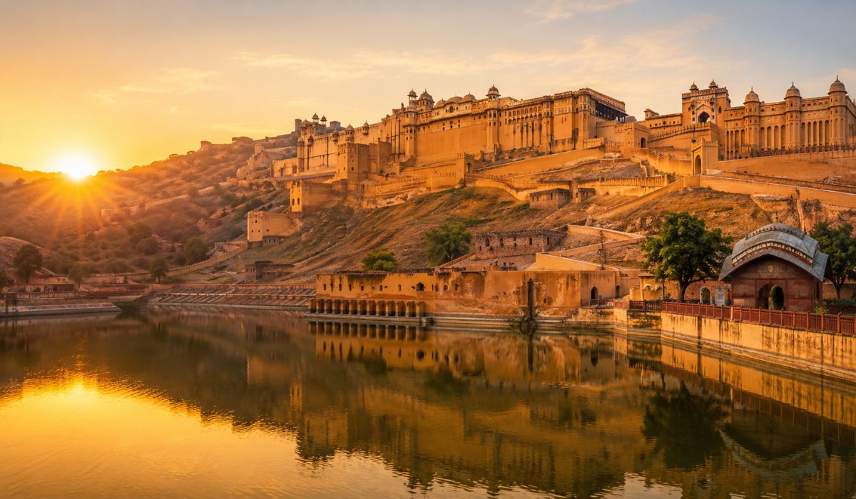 Amber Fort at sunrise with Maota Lake in the foreground, Jaipur How to Plan a Rajasthan Trip Covering Jaipur