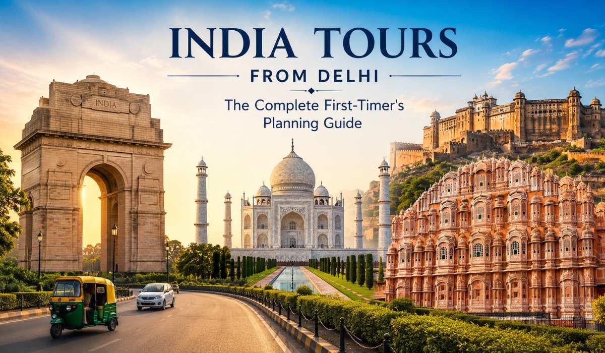 India Tours from Delhi featuring India Gate, Taj Mahal, Amber Fort, and Hawa Mahal.