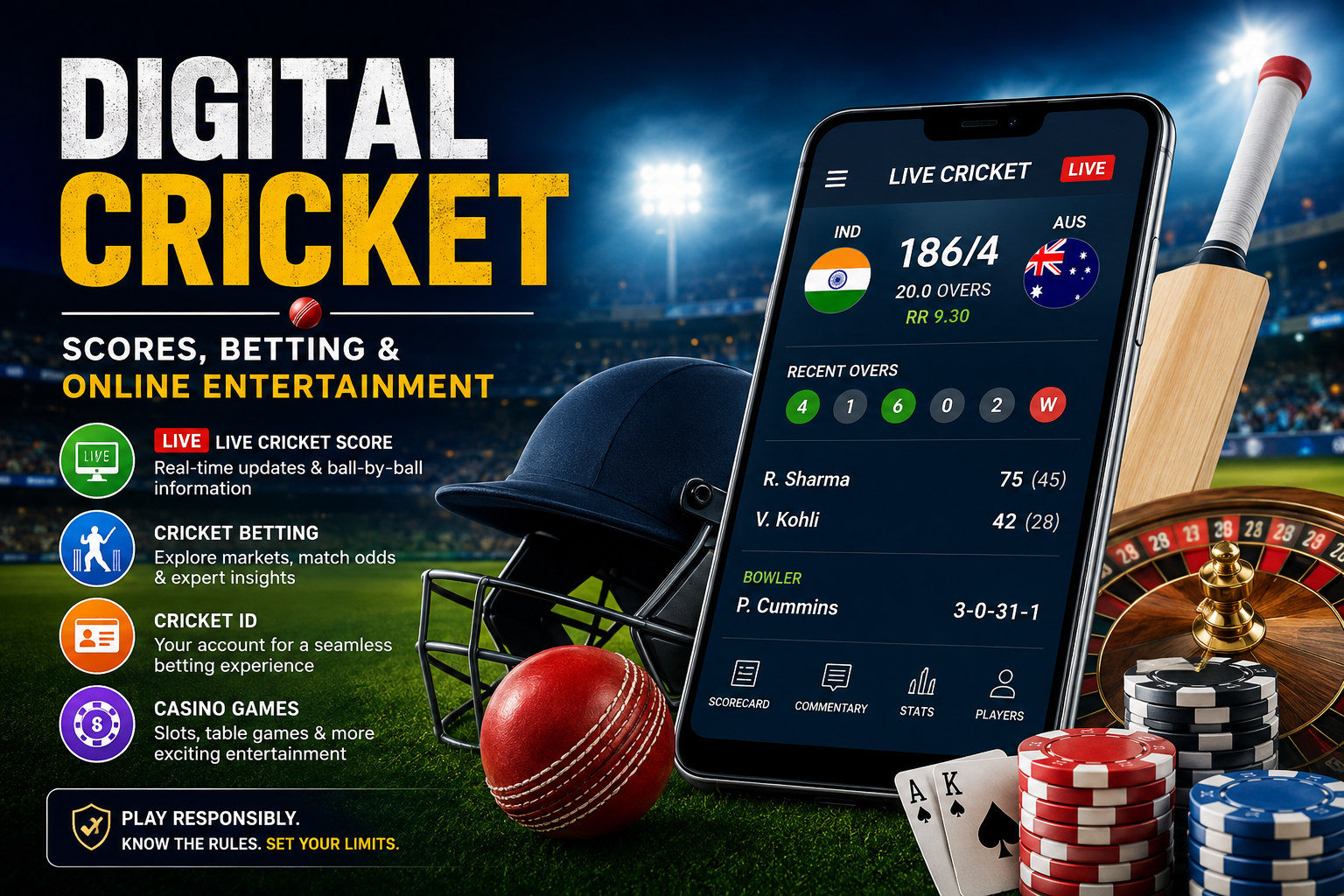 Digital cricket platform showing live cricket score and sports entertainment information