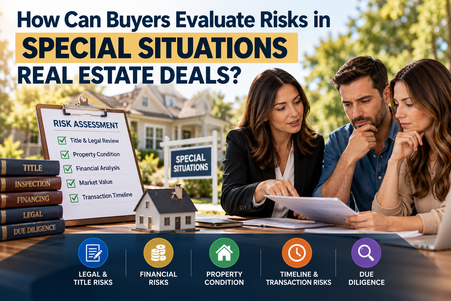 Real estate agent and property buyers reviewing title records, inspection findings, and financing risks before purchasing a Michigan property.
