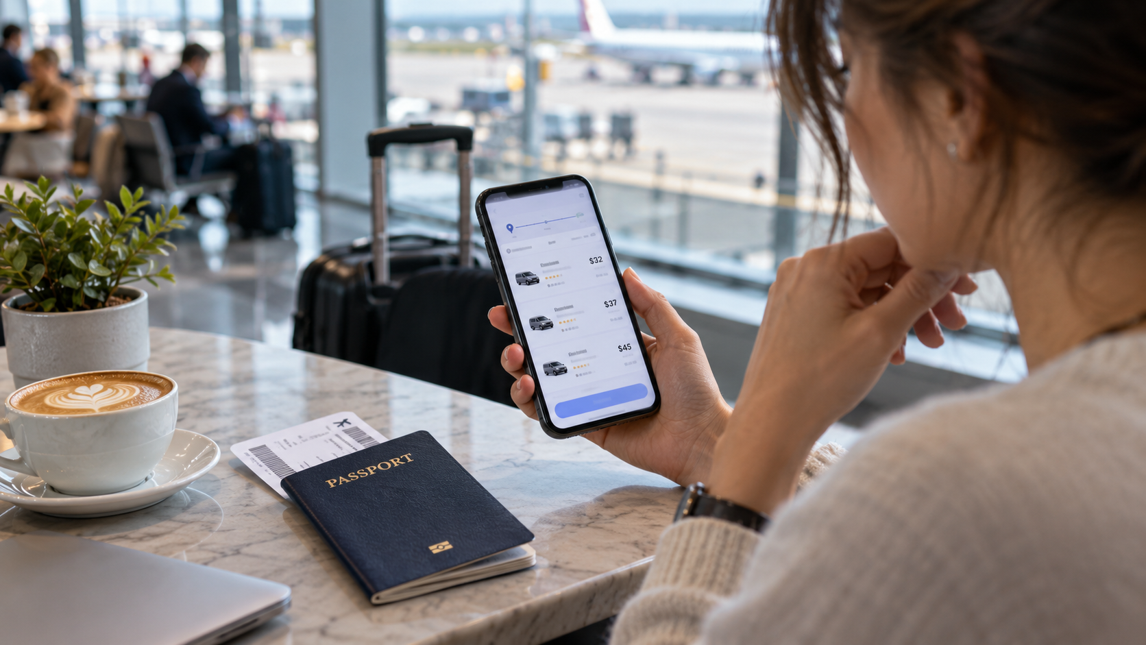 Traveller comparing an airport transfer quote on a smartphone before booking.