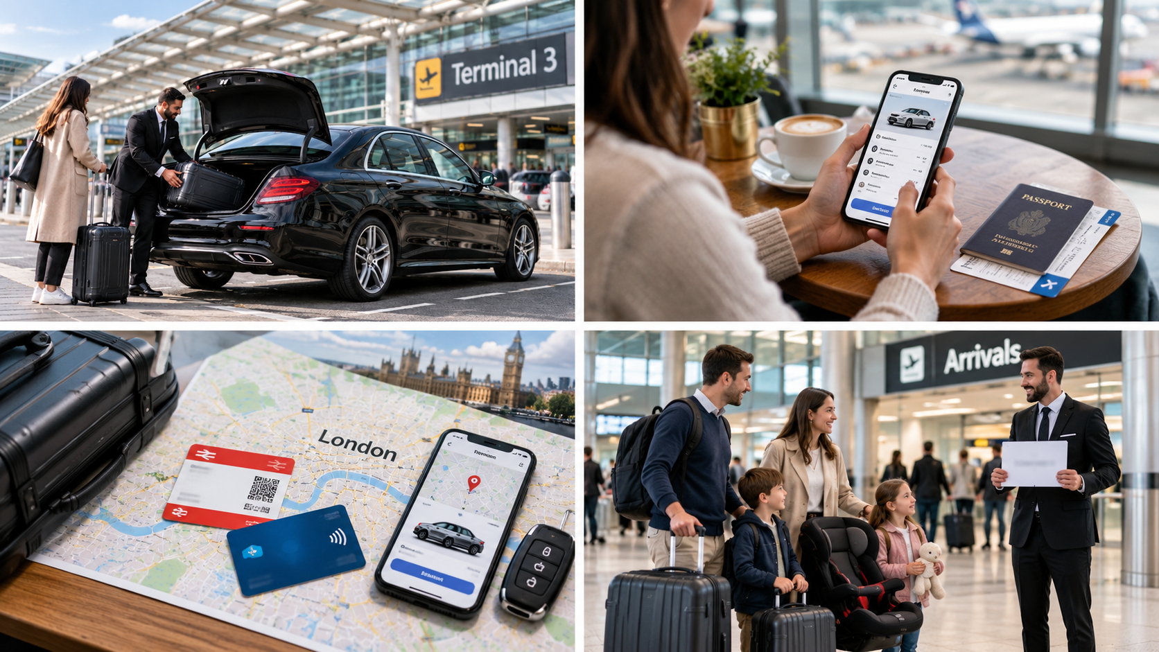 Family with suitcases meeting a driver holding a name board in an airport arrivals hall.