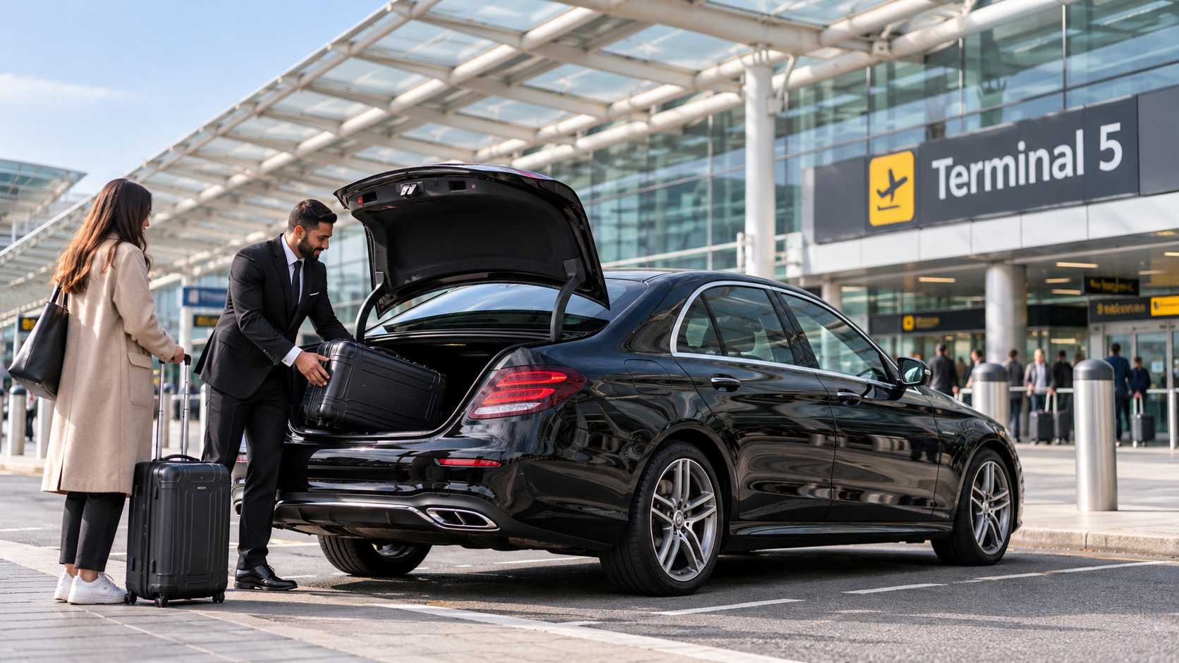 Private-hire car waiting outside a Heathrow Airport terminal for a journey into central London.