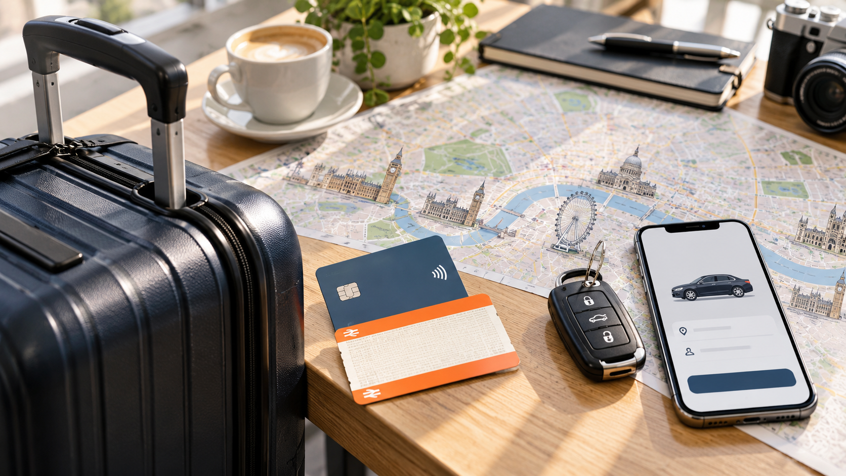 Suitcase, contactless card and phone booking screen laid out on a London map for journey planning.