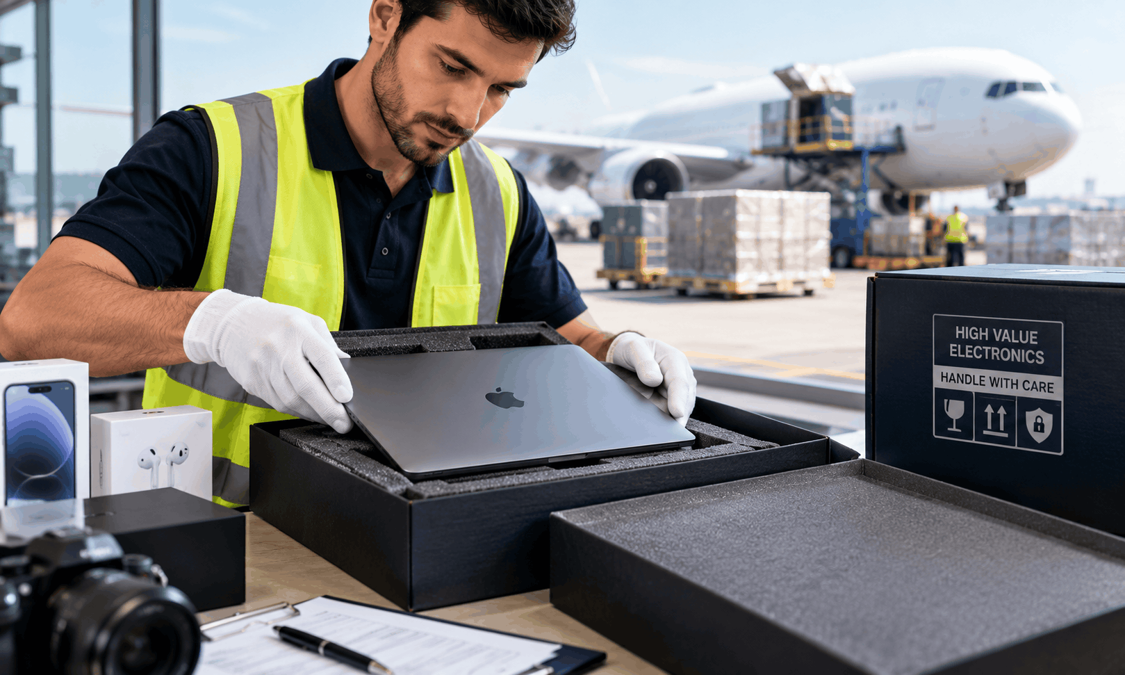 High value electronics shipping with secure laptop and server packaging by UNIVAL Logistics.